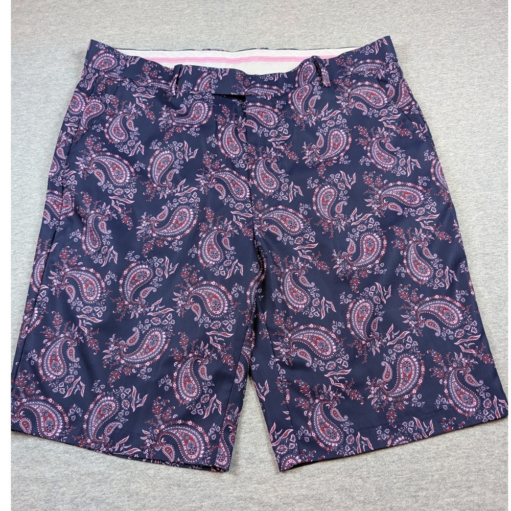 G/FORE Mens Navy Blue Pink Paisley Golf Shorts Size 36 Performance Polyester